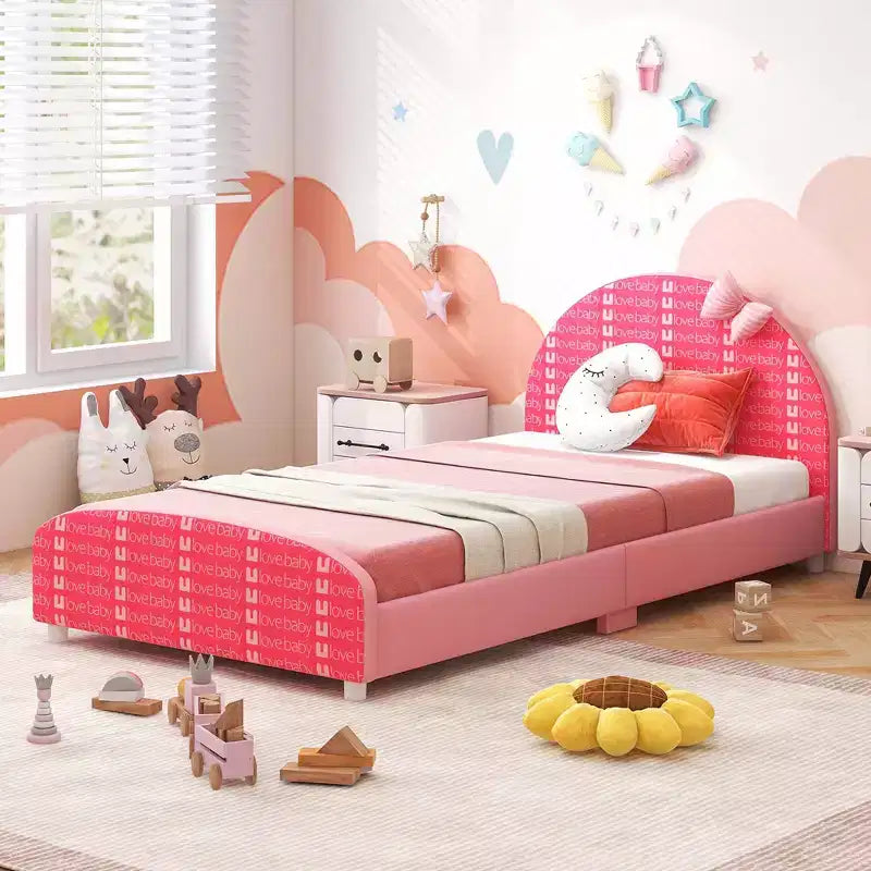 Costway Children Twin Size Upholstered Platform Single Bed with Headboard & Footboard Pink