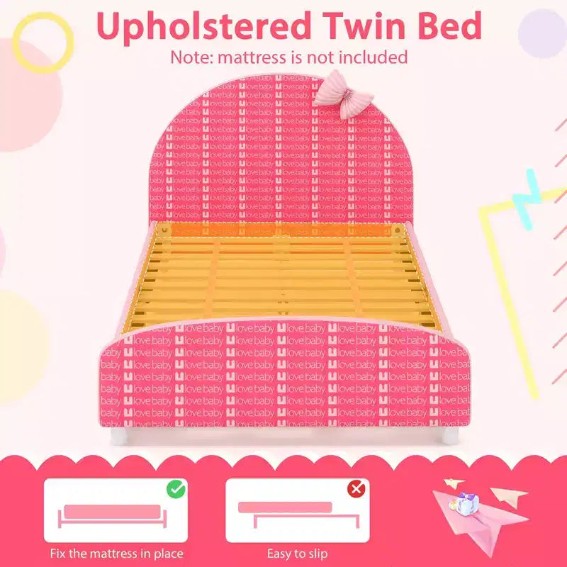 Costway Children Twin Size Upholstered Platform Single Bed with Headboard & Footboard Pink