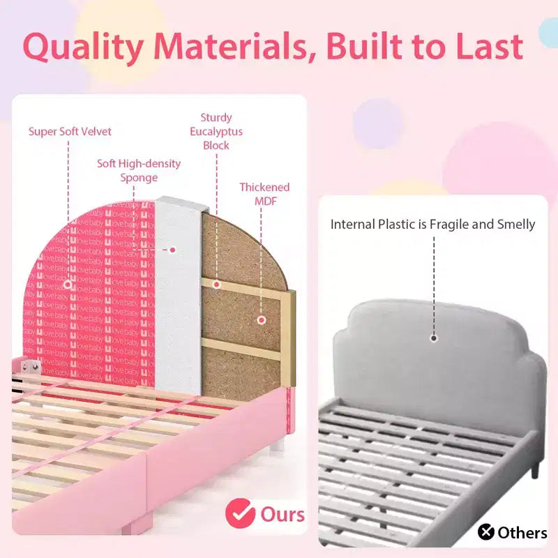 Costway Children Twin Size Upholstered Platform Single Bed with Headboard & Footboard Pink