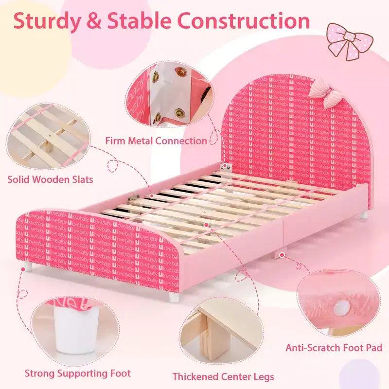 Costway Children Twin Size Upholstered Platform Single Bed with Headboard & Footboard Pink