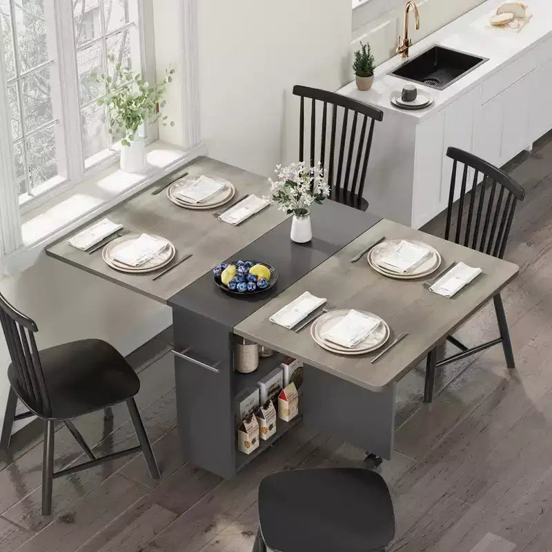 Garvee Folding Dining Table with 2 Storage Racks, Drop Leaf, 6 Wheels, Multifunction Expandable Table for Kitchen, Bedroom, Living Room