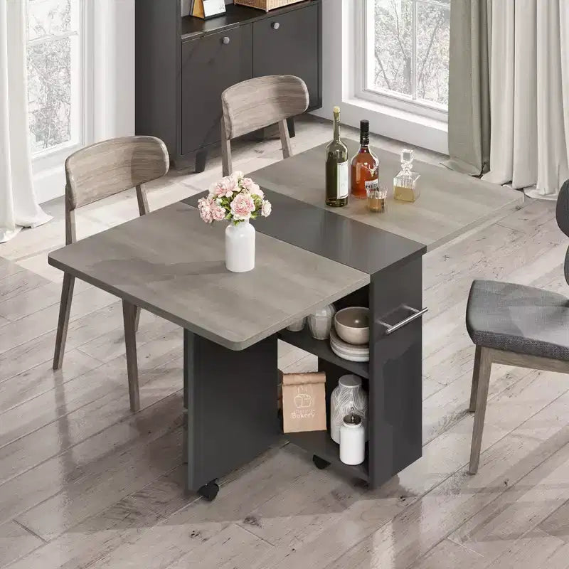 Garvee Folding Dining Table with 2 Storage Racks, Drop Leaf, 6 Wheels, Multifunction Expandable Table for Kitchen, Bedroom, Living Room