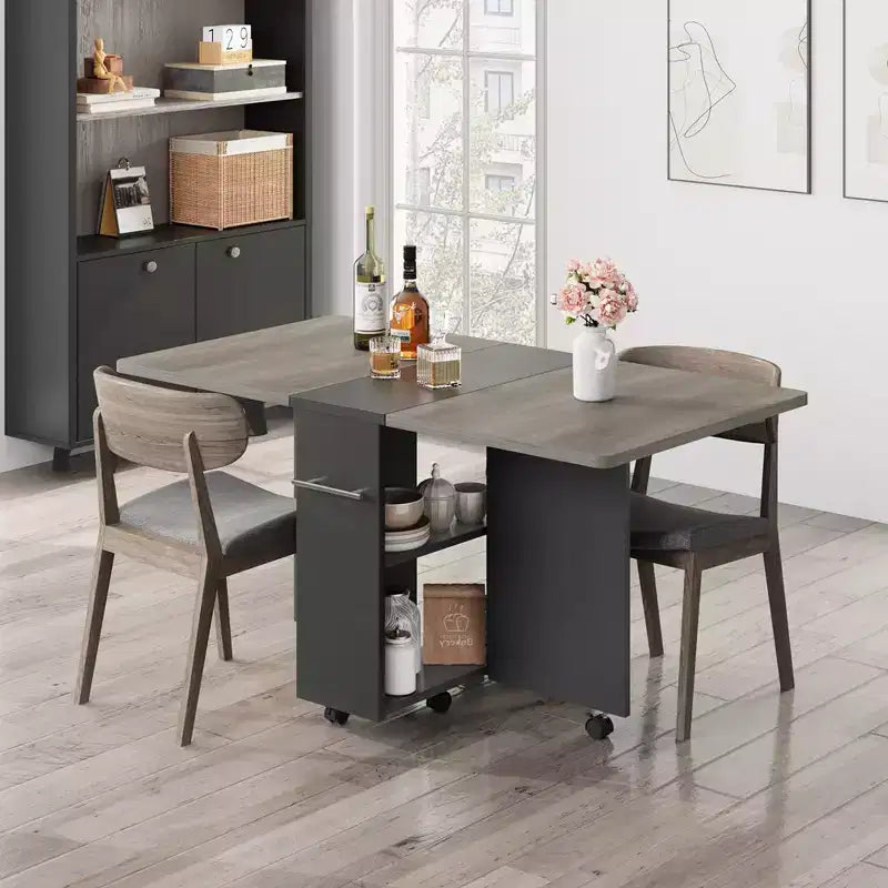 Garvee Folding Dining Table with 2 Storage Racks, Drop Leaf, 6 Wheels, Multifunction Expandable Table for Kitchen, Bedroom, Living Room