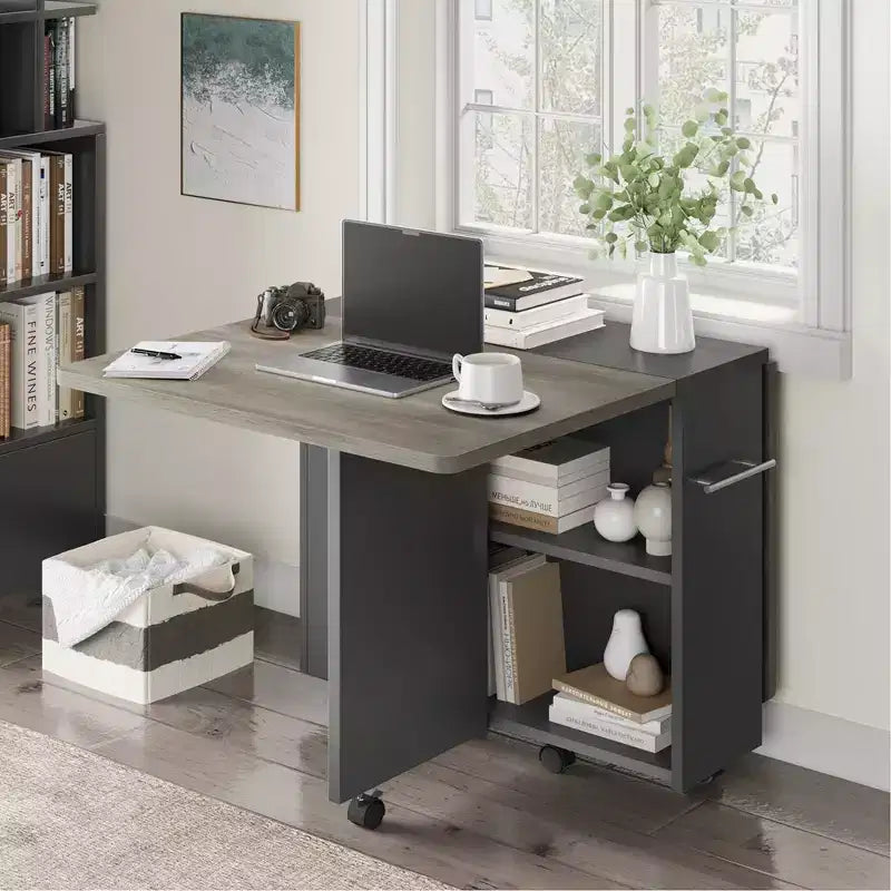 Garvee Folding Dining Table with 2 Storage Racks, Drop Leaf, 6 Wheels, Multifunction Expandable Table for Kitchen, Bedroom, Living Room
