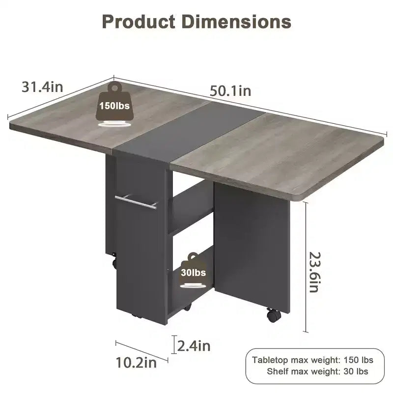 Garvee Folding Dining Table with 2 Storage Racks, Drop Leaf, 6 Wheels, Multifunction Expandable Table for Kitchen, Bedroom, Living Room