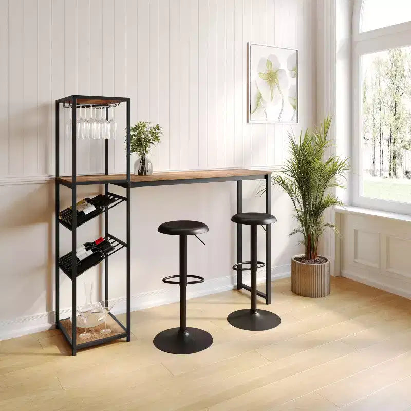 Flash Furniture Jura Metal Bar and Wine Table with 2 Slanted Shelves for Bottle Storage and Hanging Glass Storage
