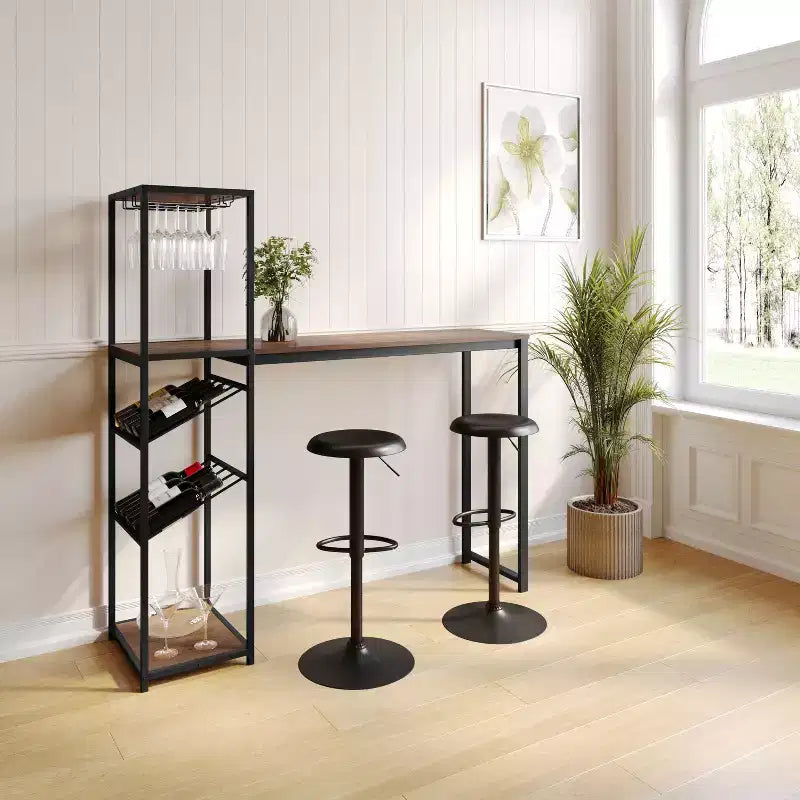 Flash Furniture Jura Metal Bar and Wine Table with 2 Slanted Shelves for Bottle Storage and Hanging Glass Storage