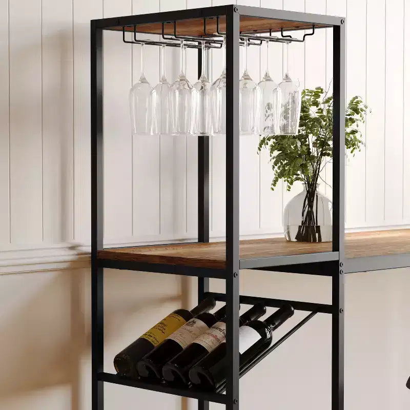 Flash Furniture Jura Metal Bar and Wine Table with 2 Slanted Shelves for Bottle Storage and Hanging Glass Storage