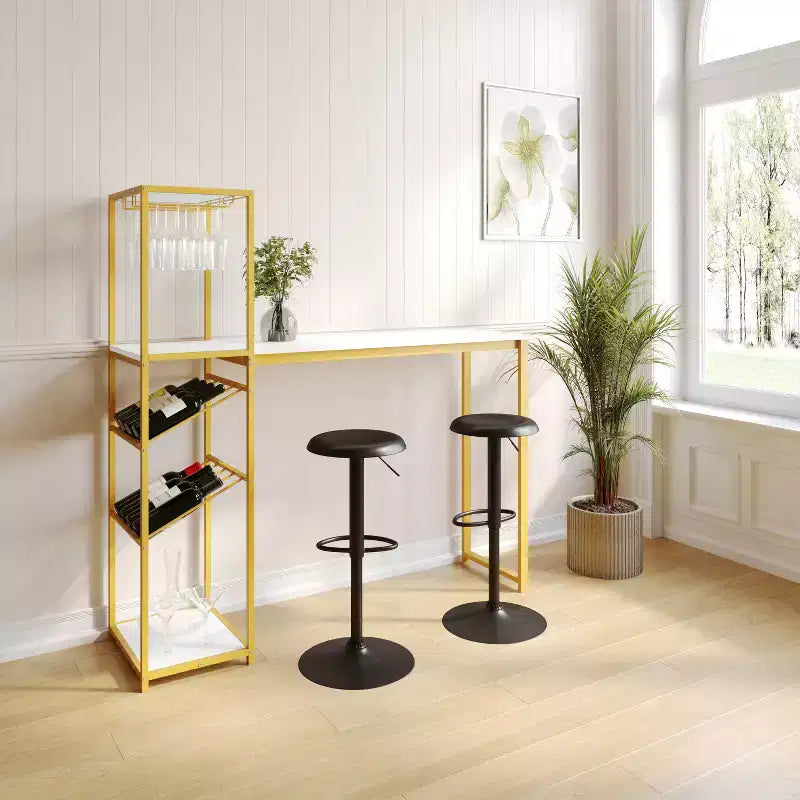 Flash Furniture Jura Metal Bar and Wine Table with 2 Slanted Shelves for Bottle Storage and Hanging Glass Storage