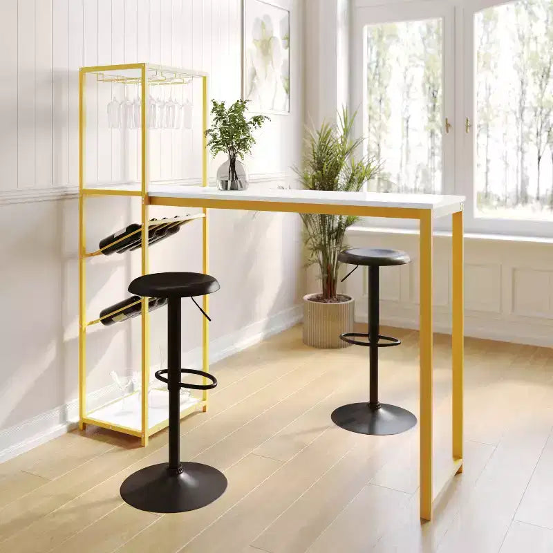 Flash Furniture Jura Metal Bar and Wine Table with 2 Slanted Shelves for Bottle Storage and Hanging Glass Storage
