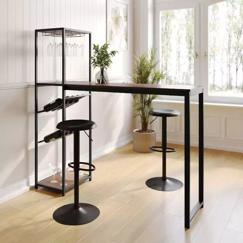 Flash Furniture Jura Metal Bar and Wine Table with 2 Slanted Shelves for Bottle Storage and Hanging Glass Storage