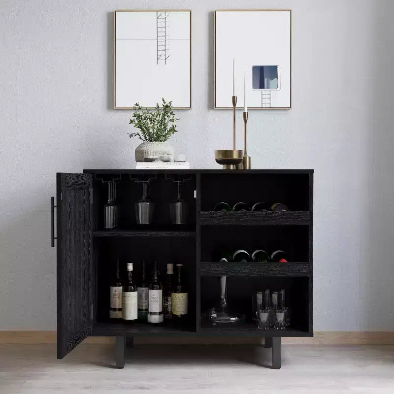 Merrick Lane Bar and Sideboard with Storage Cabinet, Hanging Stemware Holders and Bottle Storage