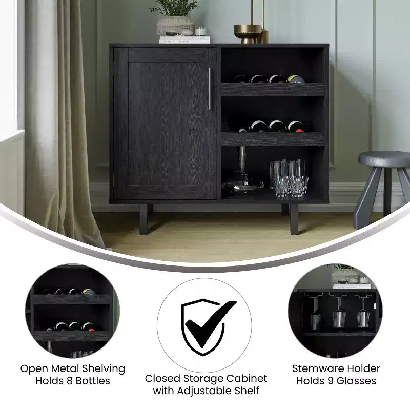 Merrick Lane Bar and Sideboard with Storage Cabinet, Hanging Stemware Holders and Bottle Storage