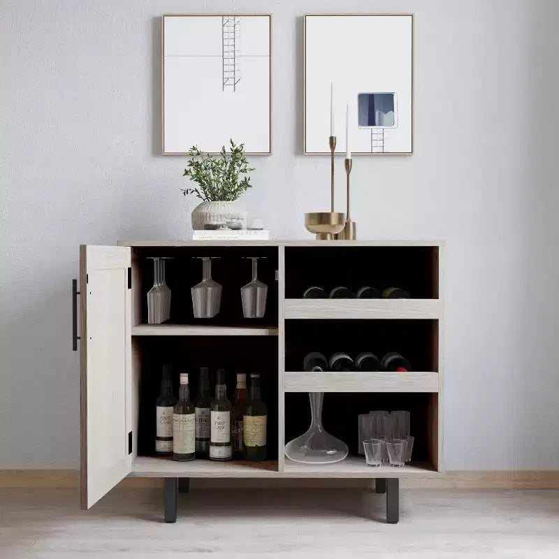 Merrick Lane Bar and Sideboard with Storage Cabinet, Hanging Stemware Holders and Bottle Storage