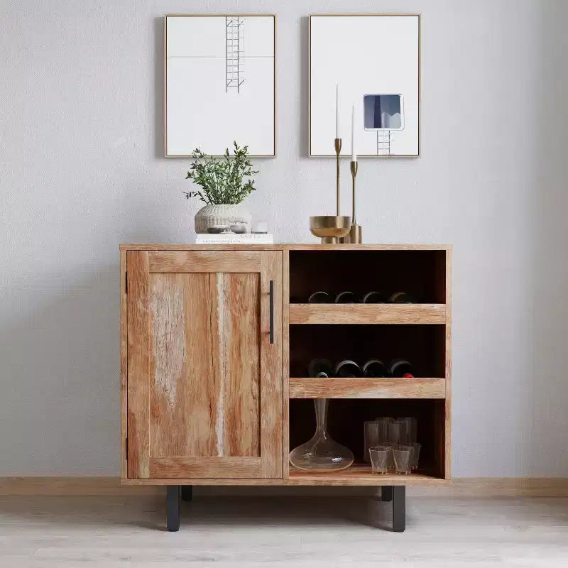 Merrick Lane Bar and Sideboard with Storage Cabinet, Hanging Stemware Holders and Bottle Storage