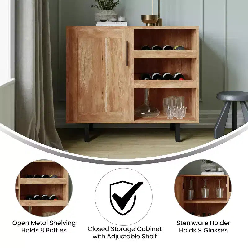 Flash Furniture Elmont Classic Bar and Sideboard with Shaker Style Single Door Cabinet with Hanging Glass Storage and Open Bottle Shelves