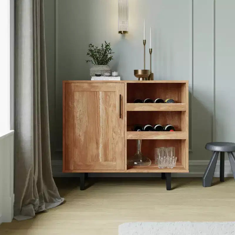 Flash Furniture Elmont Classic Bar and Sideboard with Shaker Style Single Door Cabinet with Hanging Glass Storage and Open Bottle Shelves