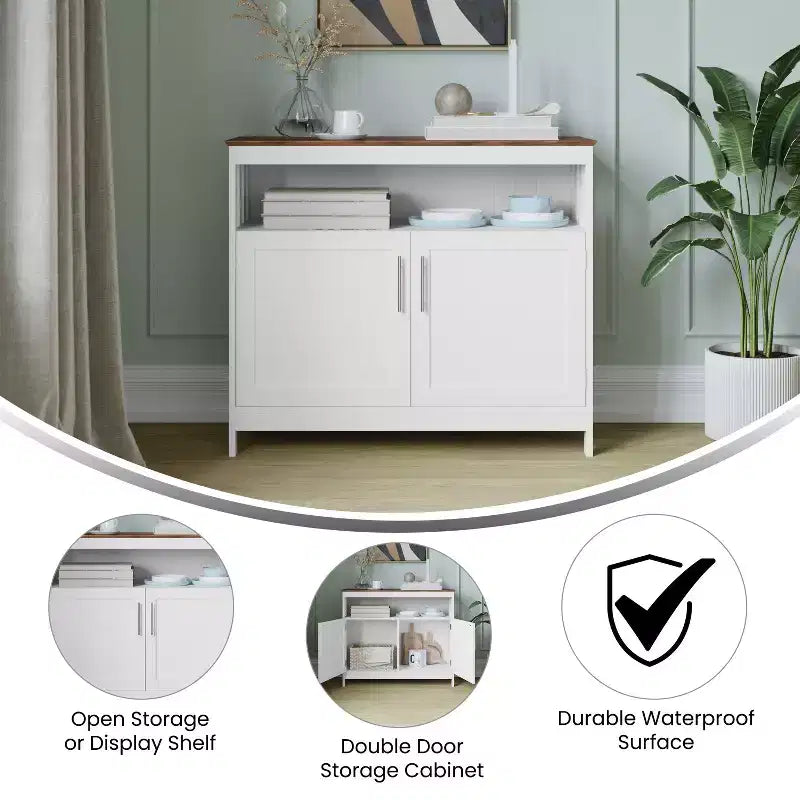 Emma and Oliver 40 Inch Buffet and Sideboard with Open Storage Shelf and Double Door Storage Cabinet