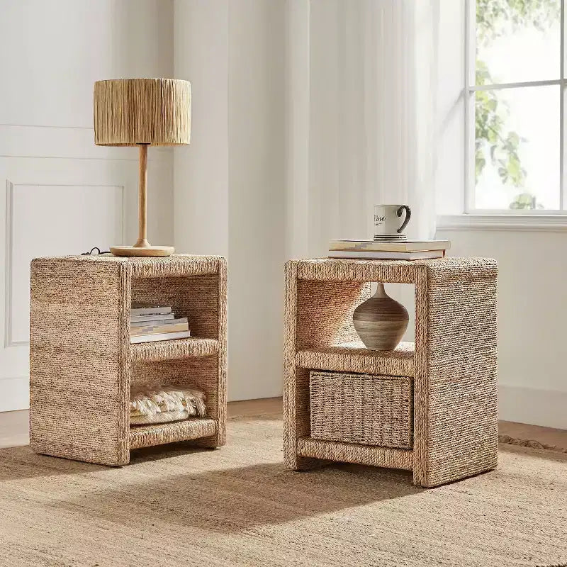 Heinrich 24 Coastal Style Grass Rope Side Table with Two Open Shelves Set of 2|ART OF LIVING DESIGNS-NATURAL