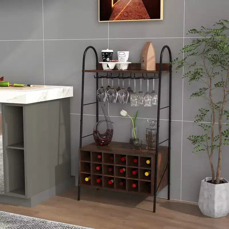 Costway Industrial Rack Freestanding Bottle Holder with Stemware Holder & Open Shelves