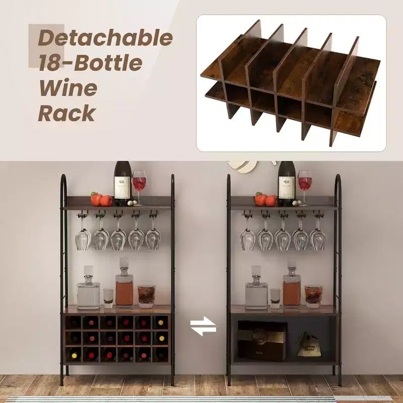 Costway Industrial Rack Freestanding Bottle Holder with Stemware Holder & Open Shelves