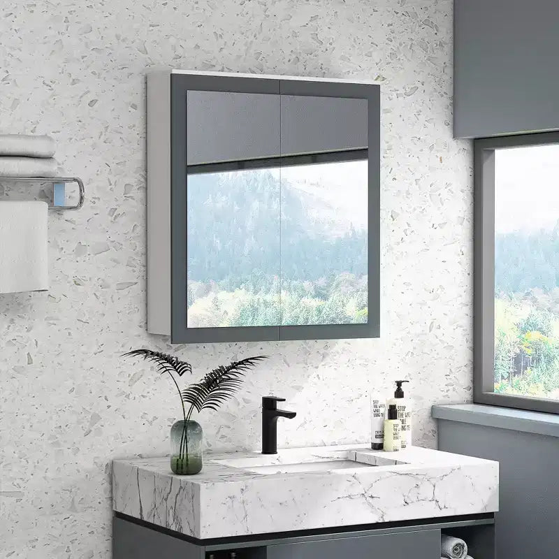 kleankin Armadietto dei medicinali, Specchio da bagno con armadietto e 2 ripiani regolabili, Specchio da bagno a parete, Bianco