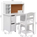 Kids Wooden Study Desk Learn Table Chair Set with Bookshelf, Bulletin Board, and Cabinets,White