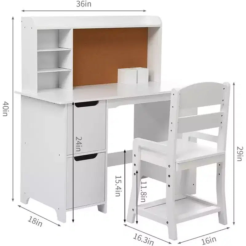 Kids Wooden Study Desk Learn Table Chair Set with Bookshelf, Bulletin Board, and Cabinets,White