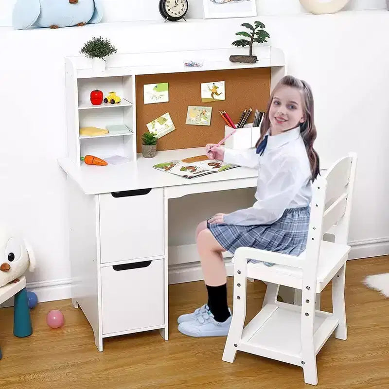 Kids Wooden Study Desk Learn Table Chair Set with Bookshelf, Bulletin Board, and Cabinets,White