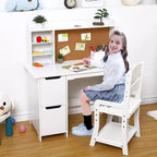 Kids Wooden Study Desk Learn Table Chair Set with Bookshelf, Bulletin Board, and Cabinets,White