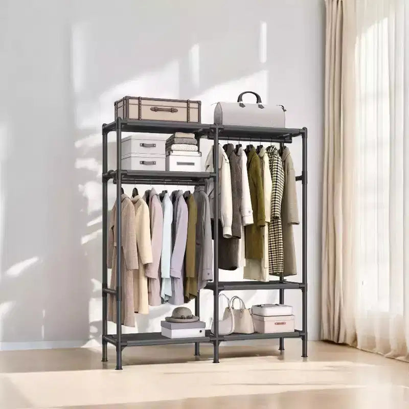 SONGMICS Heavy Duty Clothes Rack 65 Inch Freestanding Portable Wardrobe with Hanging Rails and Shelves Total Load 242 lb Black
