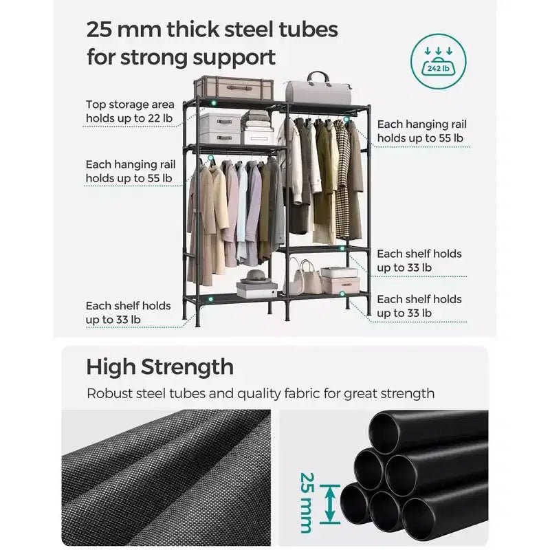 SONGMICS Heavy Duty Clothes Rack 65 Inch Freestanding Portable Wardrobe with Hanging Rails and Shelves Total Load 242 lb Black