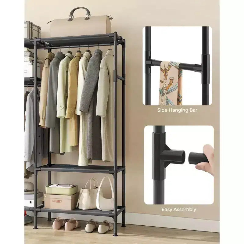 SONGMICS Heavy Duty Clothes Rack 65 Inch Freestanding Portable Wardrobe with Hanging Rails and Shelves Total Load 242 lb Black