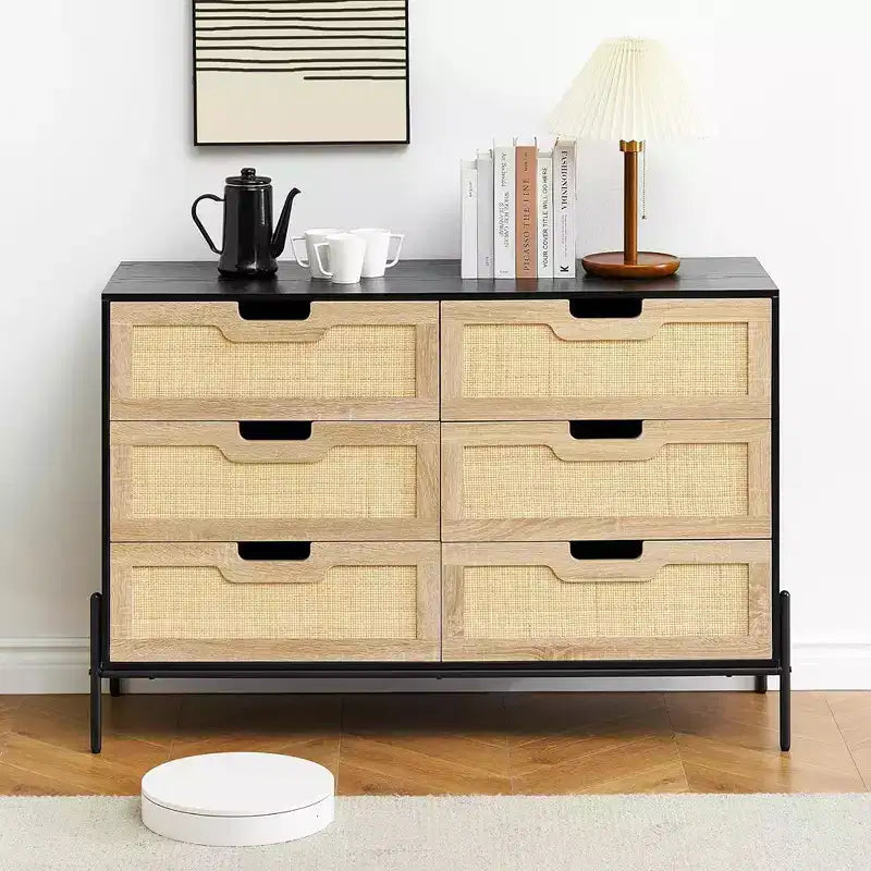 Cassettiera in Rattan Whizmax, Cassettiera Alta a 6 Cassetti per Camera da Letto, Unità Organizer per Armadio Soggiorno Corridoio Ingresso