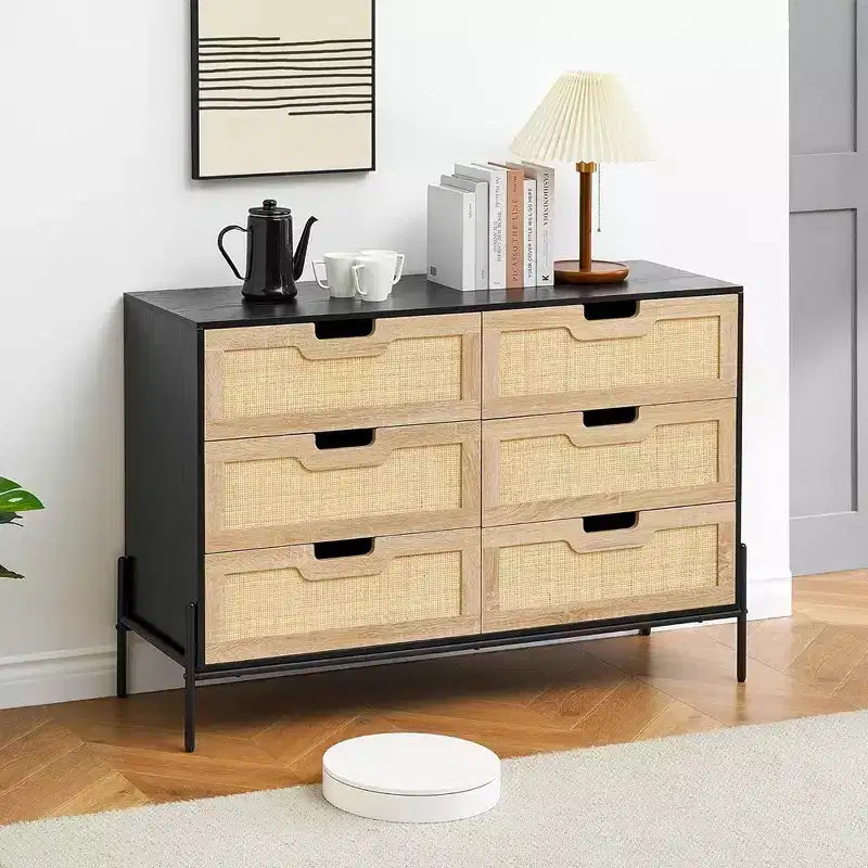 Cassettiera in Rattan Whizmax, Cassettiera Alta a 6 Cassetti per Camera da Letto, Unità Organizer per Armadio Soggiorno Corridoio Ingresso