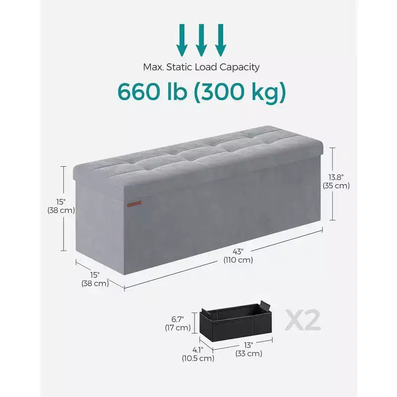 SONGMICS Panca contenitore pieghevole Pouf con 2 vani portaoggetti aggiuntivi, portata fino a 300 kg