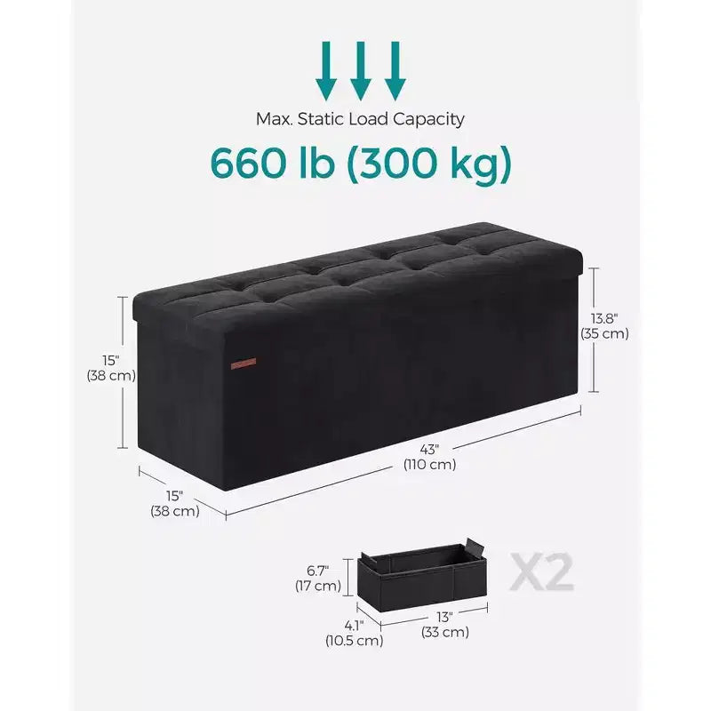 SONGMICS Panca contenitore pieghevole Pouf con 2 vani portaoggetti aggiuntivi, portata fino a 300 kg