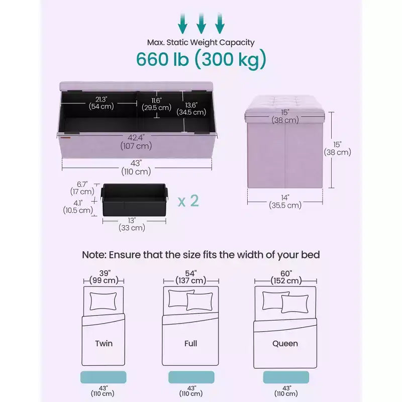 SONGMICS Panca contenitore pieghevole Pouf con 2 vani portaoggetti aggiuntivi, portata fino a 300 kg