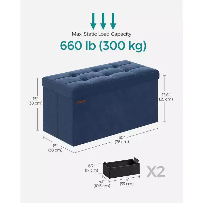 SONGMICS Panca contenitore pieghevole Pouf con 2 vani portaoggetti aggiuntivi, portata fino a 300 kg