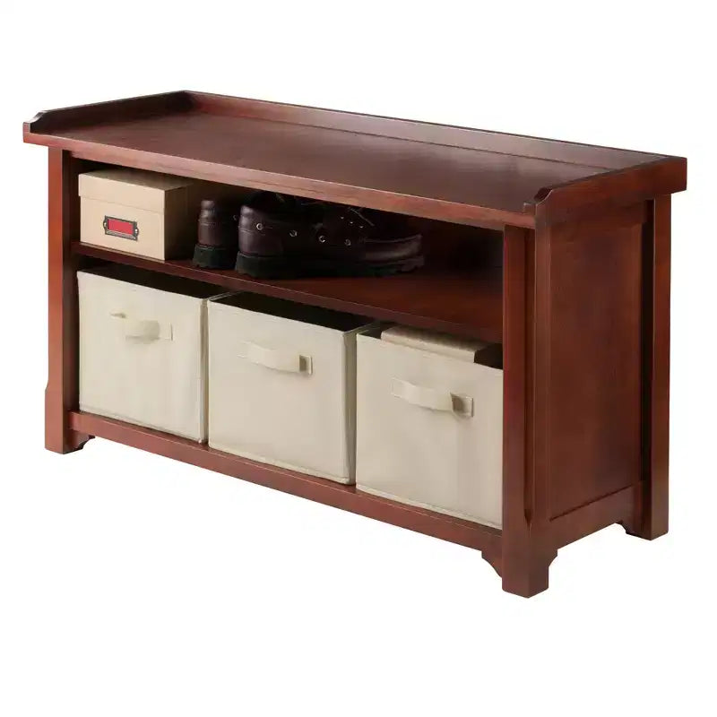 Verona Storage Bench with 3 Foldable Color Fabric Baskets - Walnut - Winsome