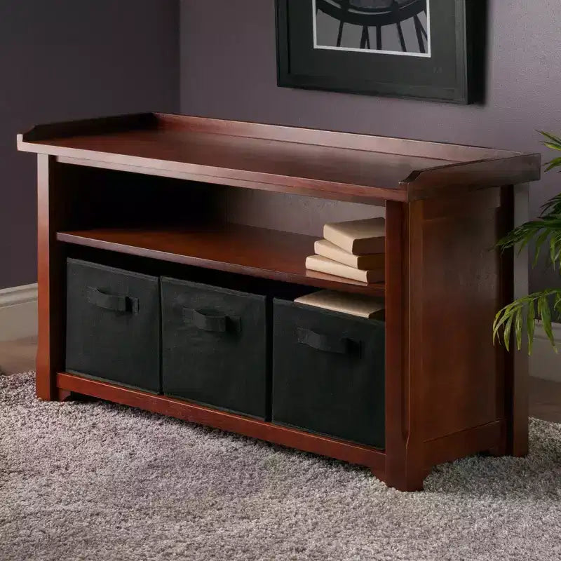 Verona Storage Bench with 3 Foldable Color Fabric Baskets - Walnut - Winsome