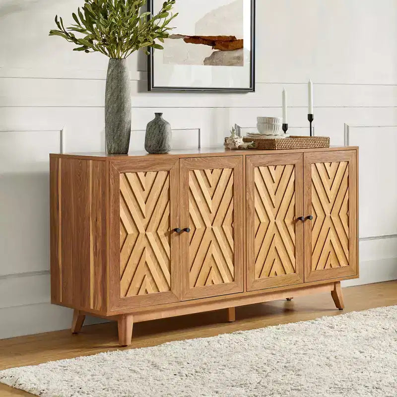 Adolf Credenza con Motivo a Spina di Pesce in Stile Mid-century Larga 57 pollici con Ripiani Regolabili|HULALA HOME