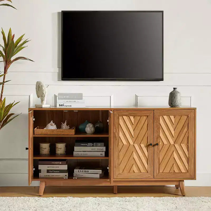 Adolf Credenza con Motivo a Spina di Pesce in Stile Mid-century Larga 57 pollici con Ripiani Regolabili|HULALA HOME