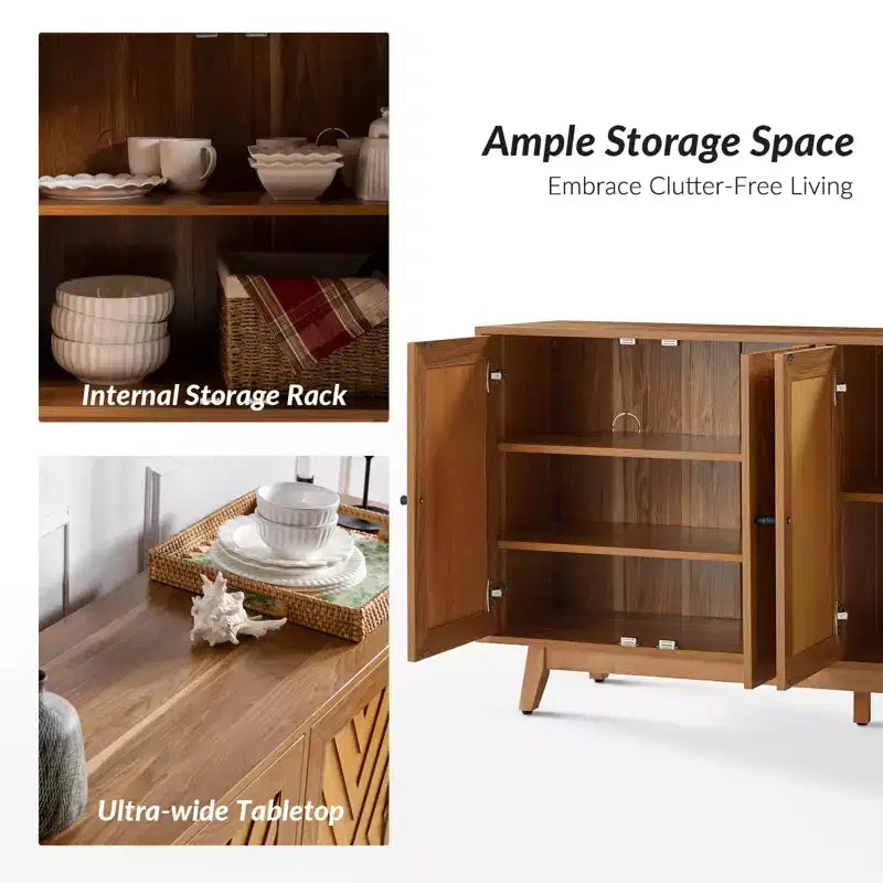 Adolf Credenza con Motivo a Spina di Pesce in Stile Mid-century Larga 57 pollici con Ripiani Regolabili|HULALA HOME
