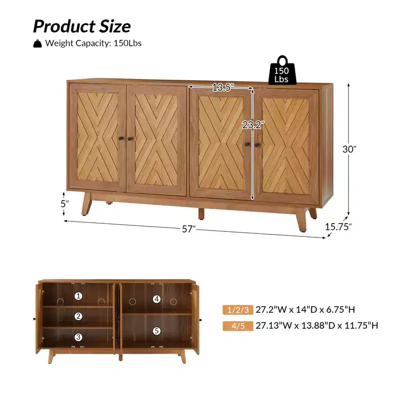 Adolf Credenza con Motivo a Spina di Pesce in Stile Mid-century Larga 57 pollici con Ripiani Regolabili|HULALA HOME