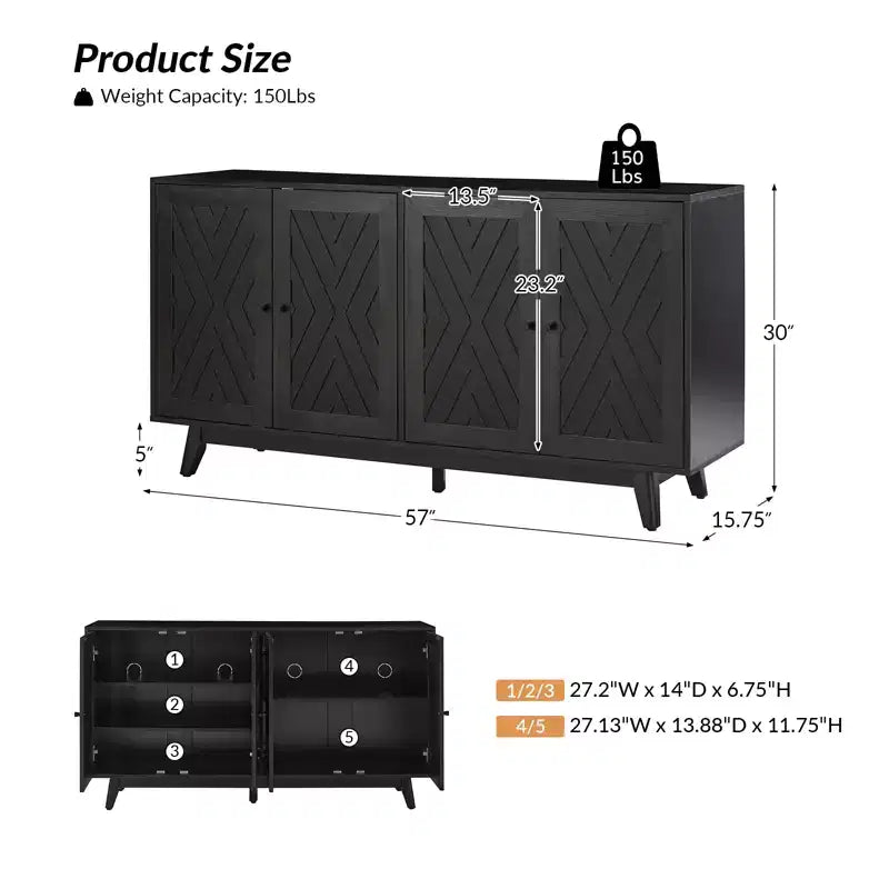 Adolf Credenza con Motivo a Spina di Pesce in Stile Mid-century Larga 57 pollici con Ripiani Regolabili|HULALA HOME