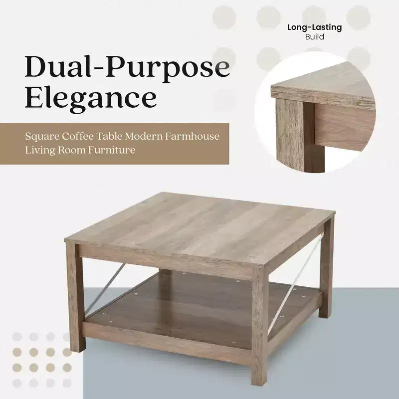 JOMEED Tavolino da caffè quadrato da 80 cm con ripiano inferiore, mobile d'accento per soggiorno e ufficio in stile moderno farmhouse, Beige