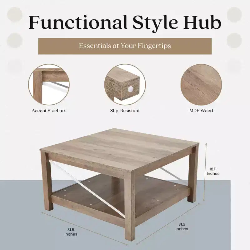 JOMEED 31.5 Inch Square Coffee Table with Bottom Storage Shelf, Modern Farmhouse Style Living Room Office Accent Table Furniture, Beige
