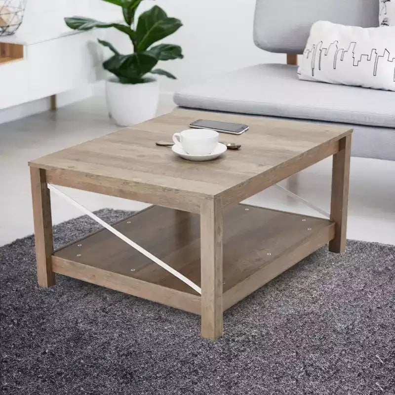 JOMEED Tavolino da caffè quadrato da 80 cm con ripiano inferiore, mobile d'accento per soggiorno e ufficio in stile moderno farmhouse, Beige