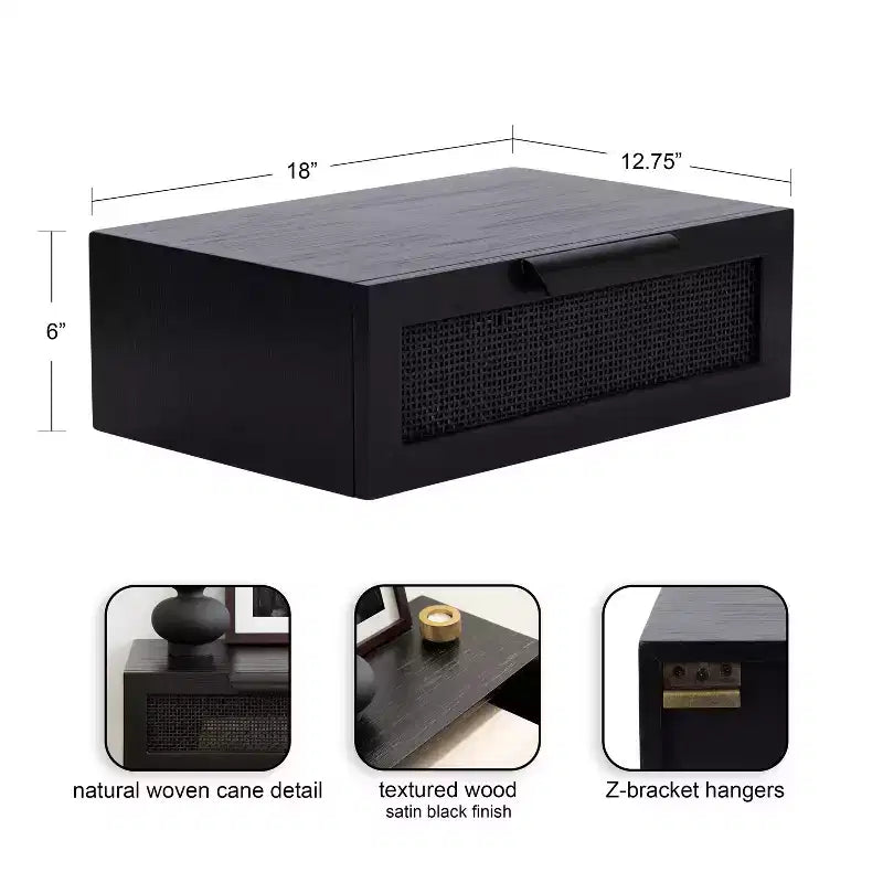 Kate and Laurel Ori Floating Side Table Rattan, 18x13x6, Black